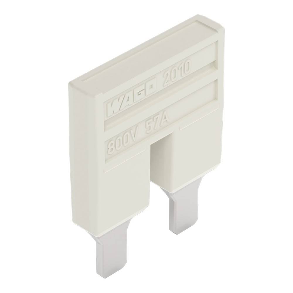 Das Bild zeigt einen weißen elektrischen Anschlussblock-Kamm mit den Markierungen 'WAGO 2010' und '800V 57A', der für Hochspannungsverbindungen konzipiert ist.
