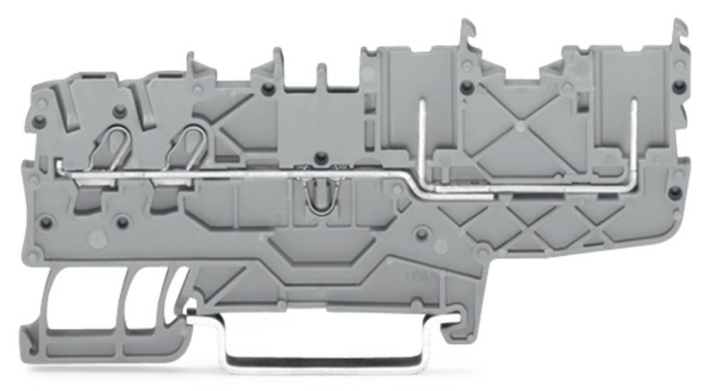 Eine graue Industriekomponente mit komplexen Designs, ausgestattet mit Metallklammern und Haken, die wahrscheinlich Teil eines größeren mechanischen oder elektrischen Systems ist.