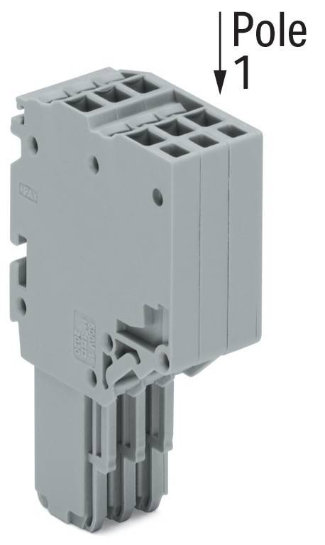 Eine graue, rechteckige elektrische Komponente mit mehreren Anschlussslots, vertikal auf einer Schiene montiert.