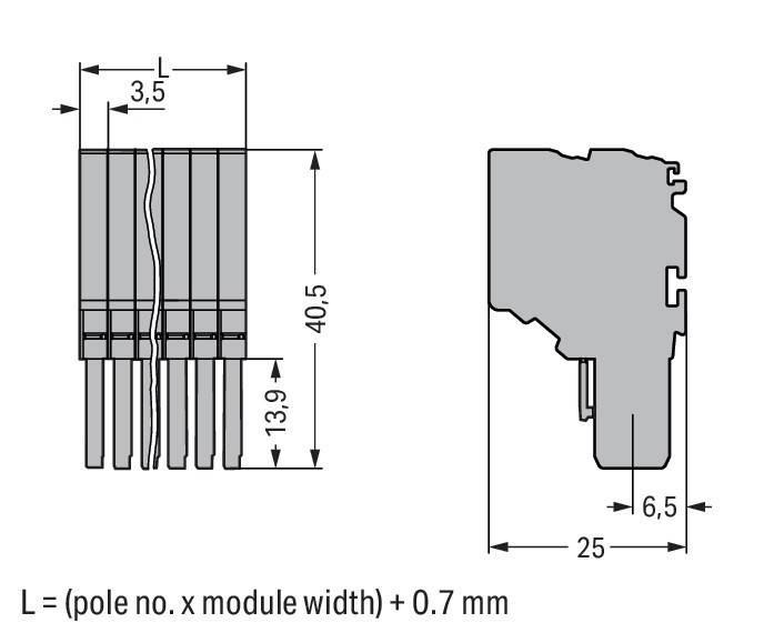 Seitenansicht einer elektronischen Komponente mit beschrifteten Abmessungen: 40,5 mm Höhe, 13,9 mm Basiswerkshöhe, 25 mm Tiefe und 3,5 mm Abstand.