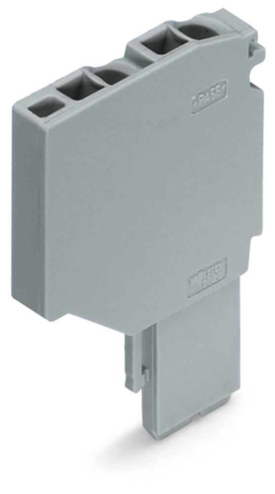 Eine graue, rechteckige Kunststoffgehäusekomponente mit einer kleinen Scharnierstelle am unteren Ende, wahrscheinlich Teil eines elektronischen oder elektrischen Gehäusesystems.