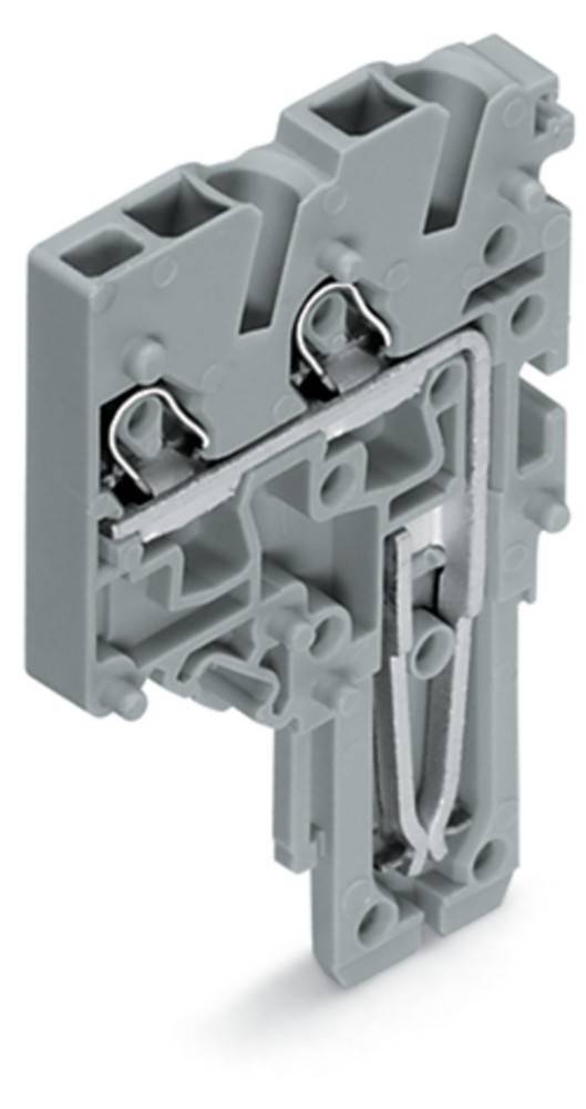 Eine Nahaufnahme eines grauen elektrischen Reihenklemmenblocks, die die internen Metallverbindungen und Befestigungsmerkmale zeigt.