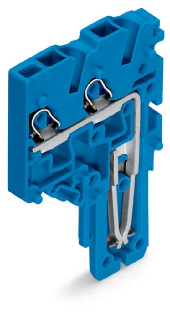 Nahaufnahme eines blauen Terminalblockverbinders, der Metallclips und interne Komponenten zur Herstellung von elektrischen Leitungsverbindungen zeigt.