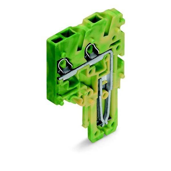 Grüner Elektrikstecker-Klemmblock mit Metallspannfeder, isoliert auf weißem Hintergrund dargestellt.