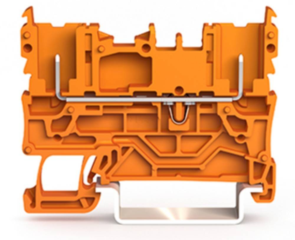 Eine orangefarbene elektrische Komponente, höchstwahrscheinlich ein Klemmenblock, mit internen Schlitzen und externen Befestigungsmechanismen, konzipiert zum Sichern von Leitern.