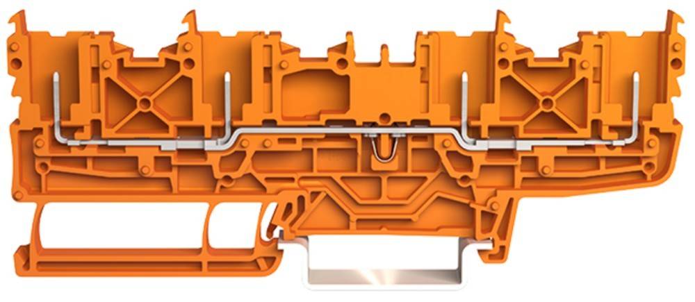 Ein orangefarbener, segmentierter Klemmenblock-Querschnitt, der seine interne Mechanik und Struktur für elektrische Verbindungen zeigt.