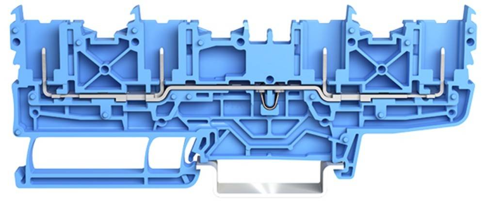 Eine detaillierte Nahaufnahme einer blauen und grauen elektrischen Verbindungskomponente, die die interne Struktur und metallischen Kontaktpunkte zeigt.