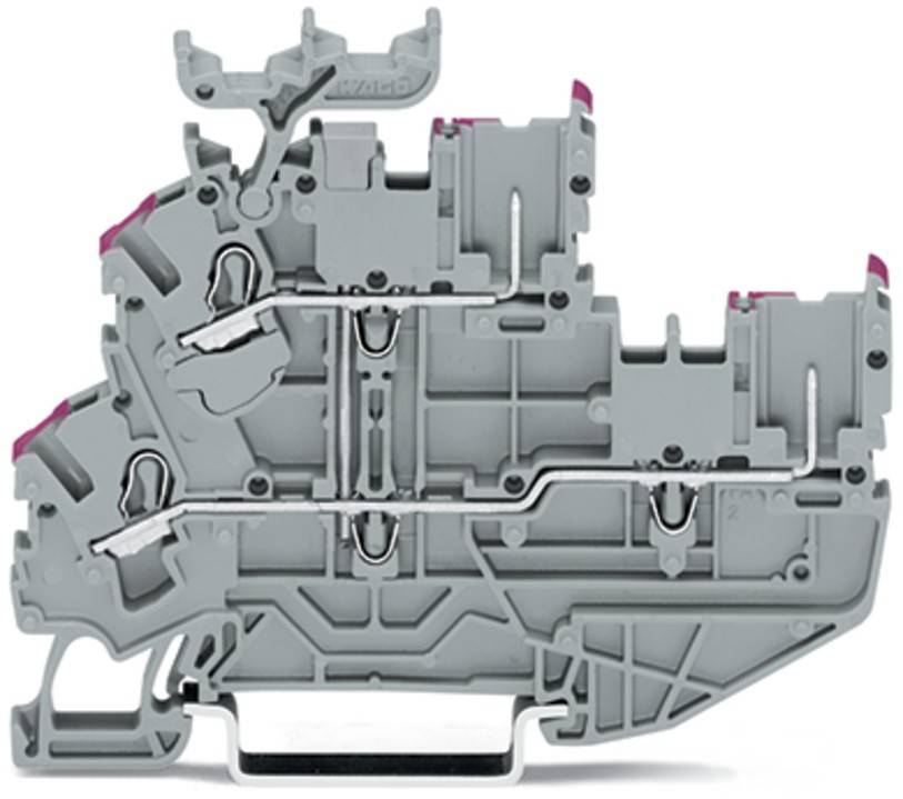 Ein grauer und rosa Klemmenblock mit mehreren Anschlusspunkten und Leitungswegen für Verkabelungen, der für elektrische Schalttafelinstallationen verwendet wird.