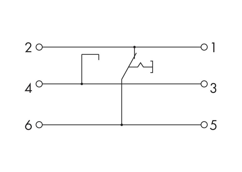 Elektrisches Schaltschema mit einem einpoligen Umschalter (SPDT - Single-Pole, Double-Throw) zur Verbindung von drei Stromkreisen, dargestellt mit Schalterpositionen.
