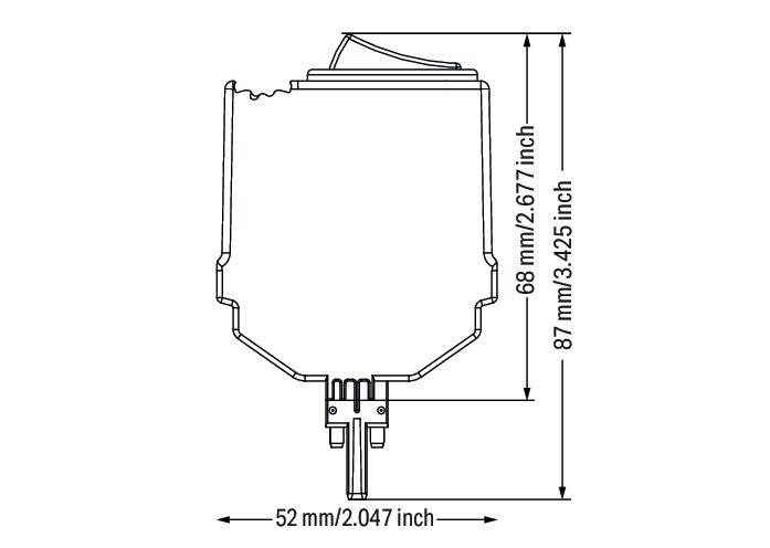 Diagramm eines Geräts mit Abmessungen: Höhe 87 mm/3,425 Zoll, Breite 52 mm/2,047 Zoll, Tiefe 68 mm/2,677 Zoll.