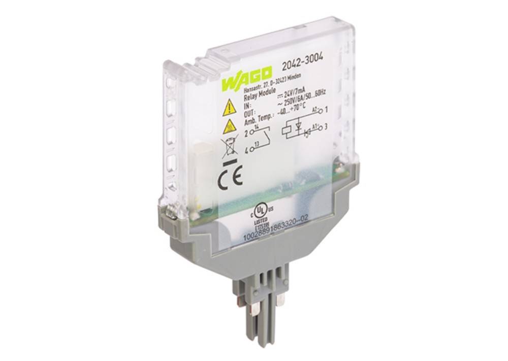 Ein Relaismodul der Marke Wago, Modell 2042-3004. Zeigt elektrische Spezifikationen und Sicherheitszeichen, montiert auf einem DIN-Schienenadapter.