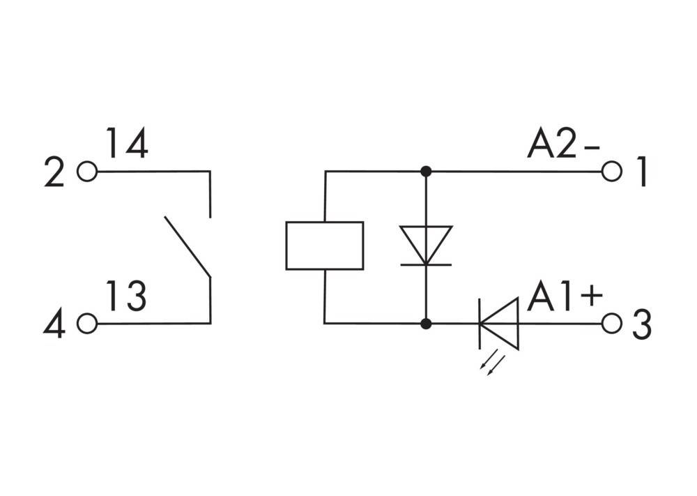 Schematische Darstellung eines elektrischen Schaltkreises mit einer Diodenanordnung zwischen den Klemmen 14 und 13, gekennzeichnet mit A2 und A1+.