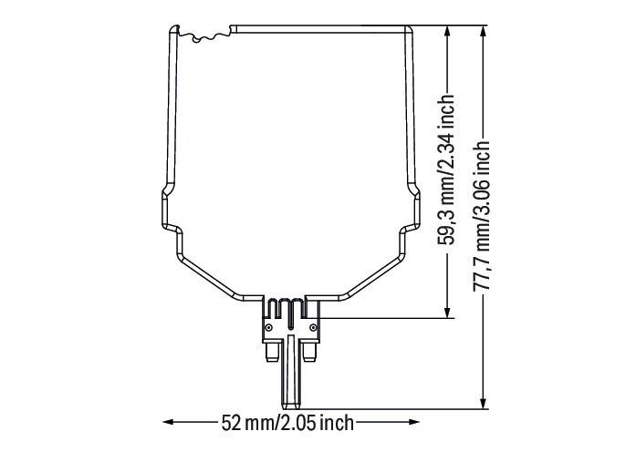 Diagramm eines Bauteils mit Abmessungen: Höhe 77,7 mm/3,06 Zoll, Breite 52 mm/2,05 Zoll und zusätzliche Höhenmarkierung von 59,3 mm/2,34 Zoll.