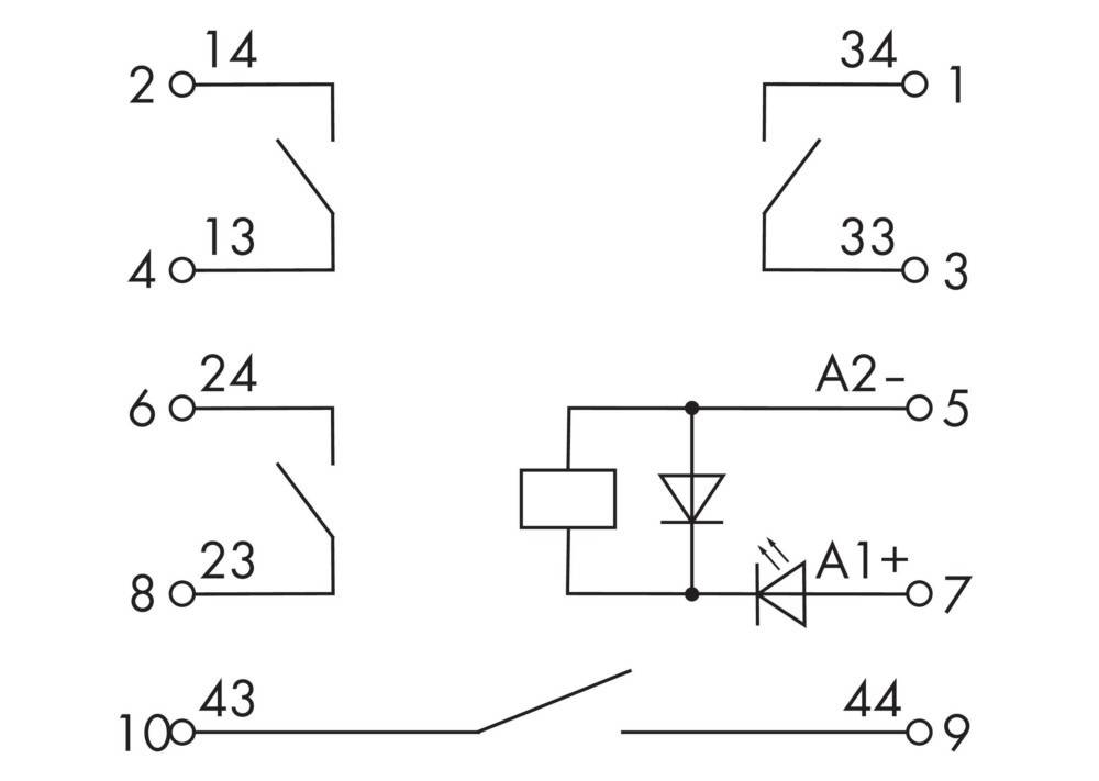 Schaltplan mit Relaisspulensymbolen und Schalterverbindungen, die mit Zahlen beschriftet sind; enthält eine Diode, die mit ‚A1+' und ‚A2-' gekennzeichnet ist.