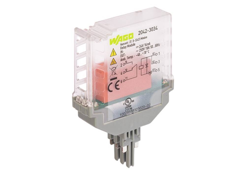 WAGO 2042-3034 Relaismodul mit transparentem Gehäuse, das Innenkomponenten zeigt, beschriftet für 24V AC Eingabe und 250V/16A Ausgang.