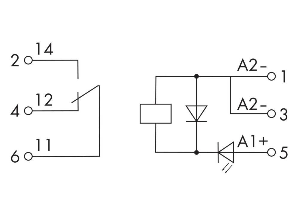 Diagramm, das zwei elektrische Schaltkreise zeigt. Der linke Schaltkreis hat zwei Schalter, die mit '1' und '2' beschriftet sind. Der rechte Schaltkreis enthält eine Diode und eine LED, die mit 'A2' bzw. 'A1' gekennzeichnet sind.