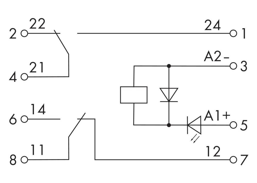 Eine Schaltskizze, die zwei Schalter, zwei Dioden und eine Widerstandskonfiguration zeigt, die mit ‚A1', ‚A2' beschriftet ist, mit angegebenen Spannungen von 24V und 12V.