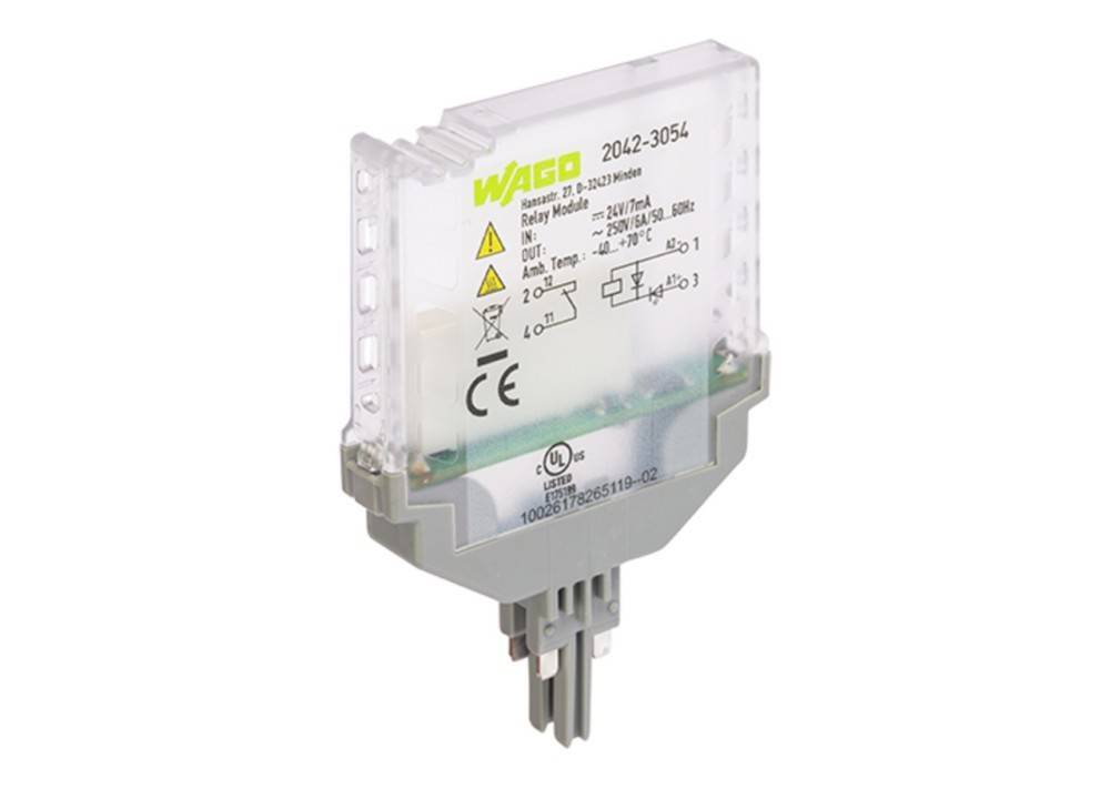 WAGO 2042-3054 Relaismodul mit Spezifikationen: 24V, 250V, 10A, Temperaturbereich -20 bis +60°C, zeigt die Konformität mit CE- und UL-Standards.