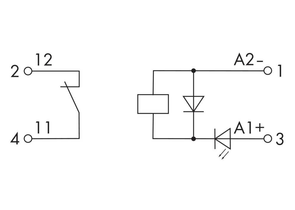 Elektrisches Schaltbild, das einen Schalter zeigt, der mit einer Diode und einer LED verbunden ist, mit den Bezeichnungen A1 und A2, die die Stromflussrichtung angeben.