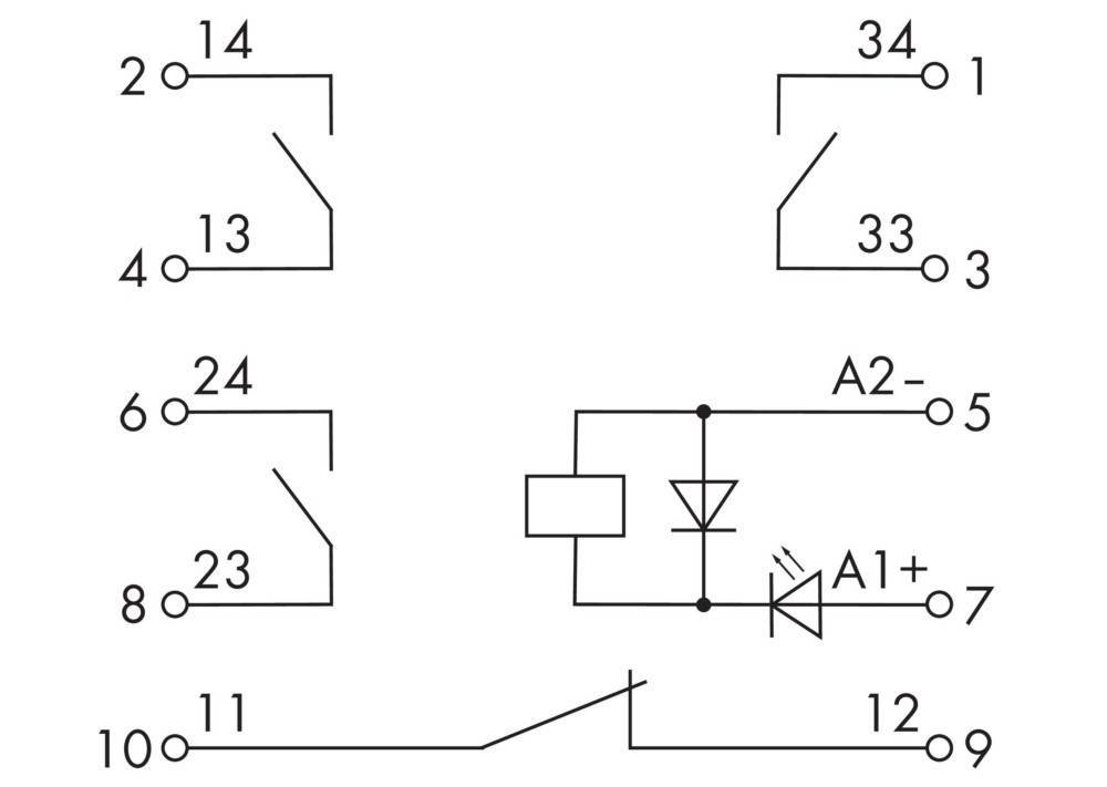 Schaltplan mit elektrischen Relaisanschlüssen, versehenen mit nummerierten Anschlüssen und einer Diode zwischen A1+ und A2-.