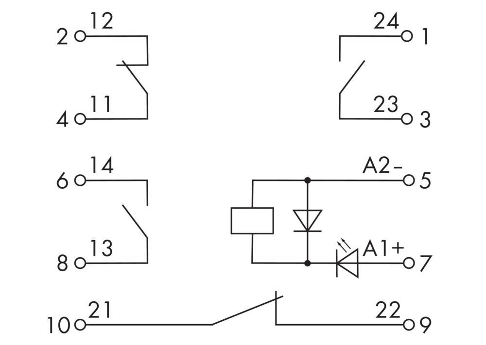 Elektrische Schaltplan mit drei Schaltern auf der linken Seite, beschriftet als '12-11', '14-13', und einem Schalter auf der rechten Seite, beschriftet als '24-23'. Darunter ist eine Diode verbunden mit 'A2-' und 'A1+', die zu '21-22' führt.