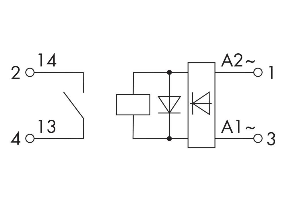 Ein Relaisschema: links zeigt das Steuerungsdiagramm mit den Nummern 13, 14; rechts wird die Relaisspule mit Diode zwischen den Anschlüssen A1, A2 dargestellt.