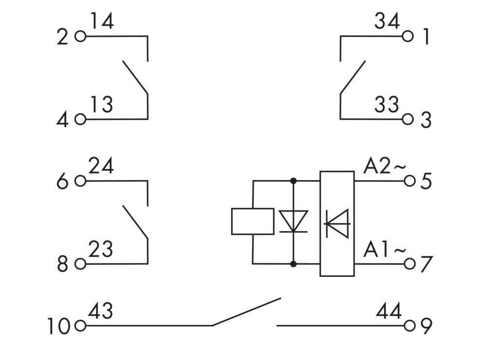 Elektrisches Schaltschema mit Symbolen für Schalter und eine Komponente mit an den Anschlüssen bezeichneten Klemmen 'A1' und 'A2'.