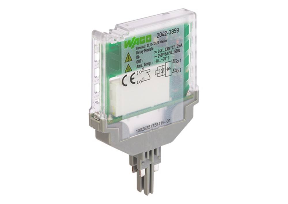 Ein WAGO-Relaismodul, Modellnummer 2042-3659, mit Spezifikationen von 250VAC/24VDC und 10A, dargestellt in einem transparenten Gehäuse.