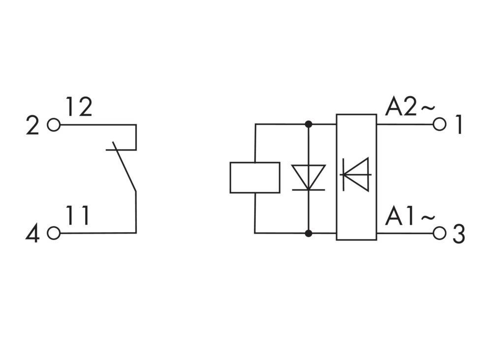 Elektrisches Schaltbild mit einem Relais, dessen Spulenklemmen A1 und A2 sowie Schaltkontakte mit den Bezeichnungen 1 und 2 an eine Diode angeschlossen sind.