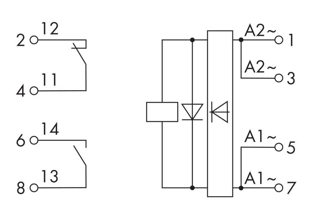 Elektrische Schaltungsskizze mit einem Diodenymbol in der Mitte, verbunden durch Linien mit Punkten, die als A1, A2, 1, 2, 3 und 4 beschriftet sind.