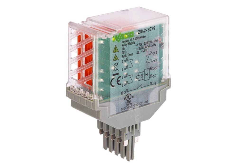 WAGO Relaismodul Modell 788-334 für 230V, 16A Anwendungen, mit transparentem Gehäuse, deutlicher Beschriftung und Kabelanschlüssen.