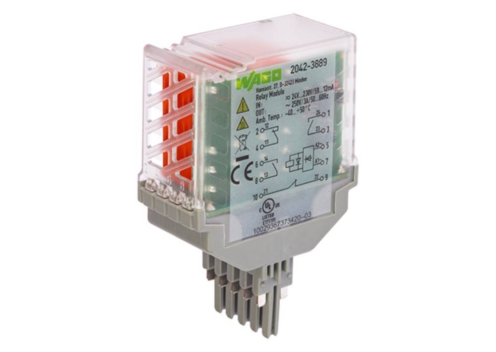 Elektrisches Relaismodul mit beschrifteter Schemazeichnung und Spezifikationen; verwendet zur Steuerung elektrischer Schaltkreise.