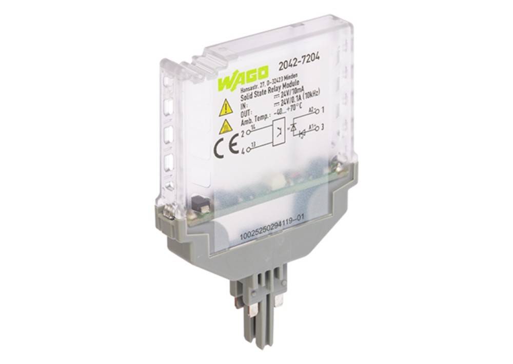 Ein Halbleiterrelais-Modul mit der Modellnummer '2042-7204' von WAGO, versehen mit verschiedenen technischen Spezifikationen und Warnhinweisen auf dem Gehäuse.