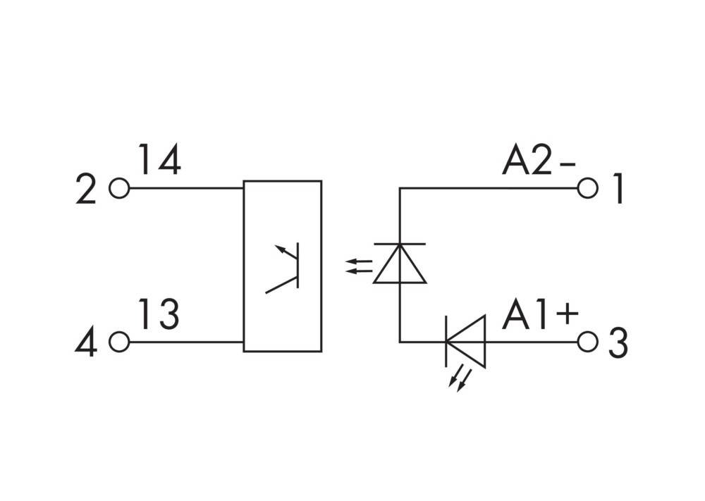 Schematische Darstellung eines Relais mit einer Spule zwischen den Anschlüssen 13 und 14 und einer Diode zwischen den Anschlüssen A2- und A1+.