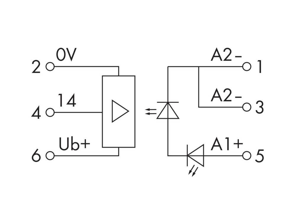 Elektronisches Schaltkreisdiagramm mit beschrifteten Verbindungen: '0V', '14', 'Ub+', 'A2-' und 'A1+'. Enthält Operationsverstärker und LEDs.