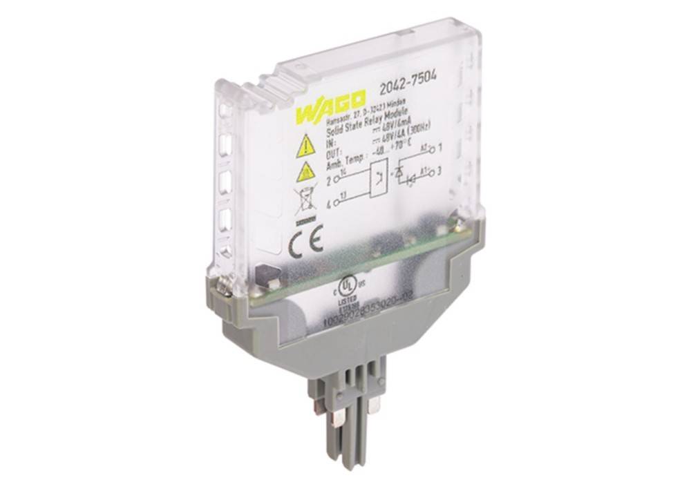 Ein transparenter Relaismodul mit einer grauen Grundplatte, beschriftet mit 'WAGO 2042-7504', der elektrische Spezifikationen und Zertifizierungen zeigt.