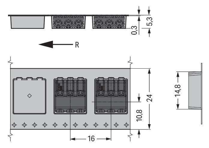 Technische Zeichnung einer elektrischen Komponente mit beschrifteten Maßen: 5,3, 0,3, 14,8, 24, 10,8, 16. Pfeil zeigt nach rechts, beschriftet mit 'R'.