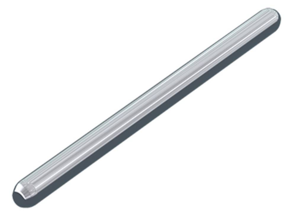 Eine diagonale Nahaufnahme eines schlanken, metallischen Rohres mit reflektierender Oberfläche, die seine glatte, zylindrische Struktur zeigt.