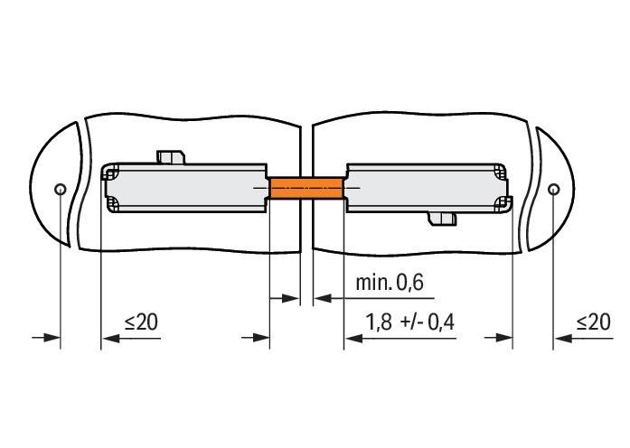 Querschnittsdiagramm einer mechanischen Dichtung mit einem Mindestabstand von 0,6, einer Toleranz von 1,8 +/- 0,4 und einem maximalen Abstand von 20.