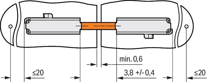 Querschnittsdiagramm einer Verbindung mit zwei verbundenen Teilen und einer Dichtung dazwischen, beschriftet mit den Maßen 'min. 0,6' und '3,8 +/-'.