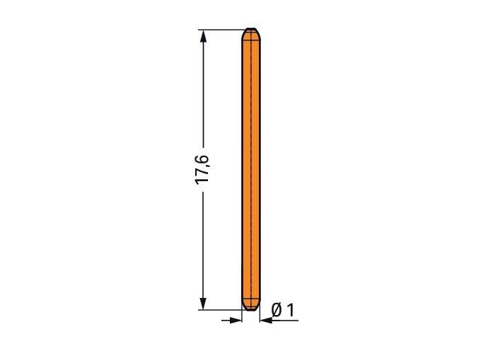 Darstellung eines vertikalen Zylinders in orange, mit Abmessungen: Länge 17,6 Einheiten, Durchmesser 1 Einheit.