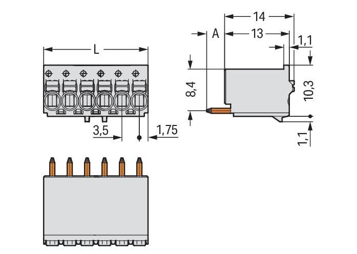 Technische Zeichnung eines elektrischen Klemmenblocks mit Abmessungen: 14 mm Breite, 13 mm Länge, 1 mm Höhe, mit 3,5 mm Abstand zwischen den Kontaktstiften.