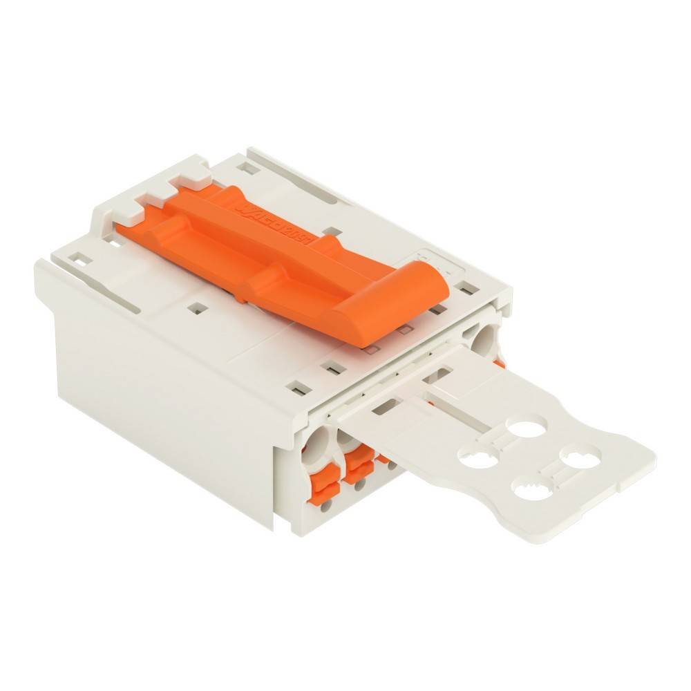 Ein weiß-orangefarbener Elektroklemmenblock mit Anschlusspunkten und einem orangefarbenen Hebel für einfaches Einfädeln und sicheres Befestigen von Leitungen.