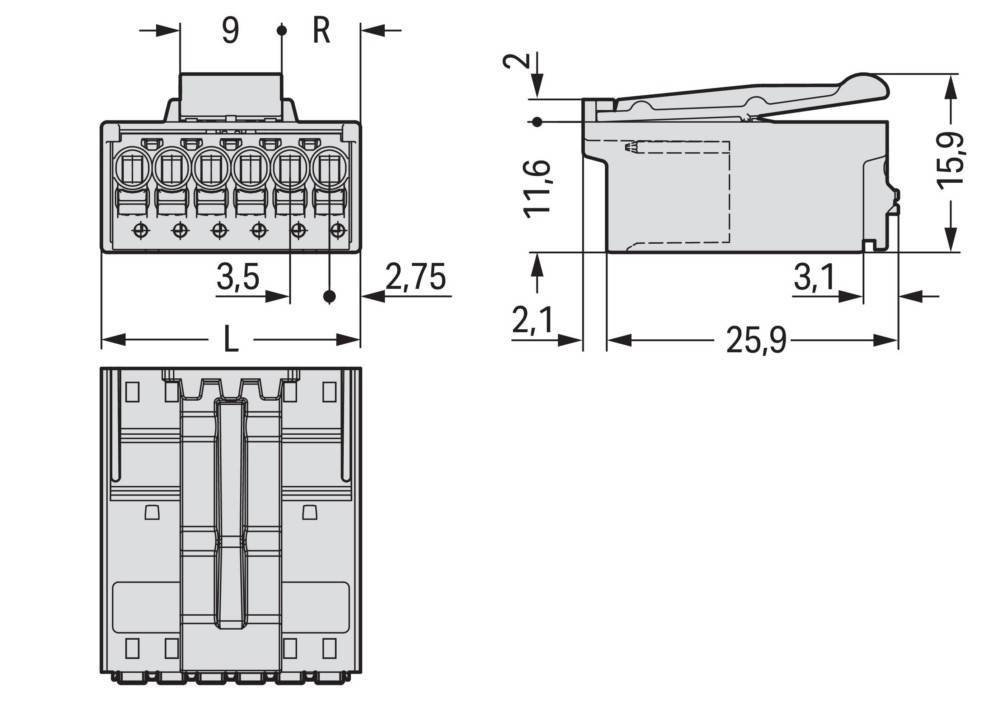 Technische Zeichnung einer elektrischen Komponente mit Maßangaben: 11,6 mm Höhe, 25,9 mm Länge, 2,75 mm Seitenbreite. Mehrere Winkelansichten dargestellt.