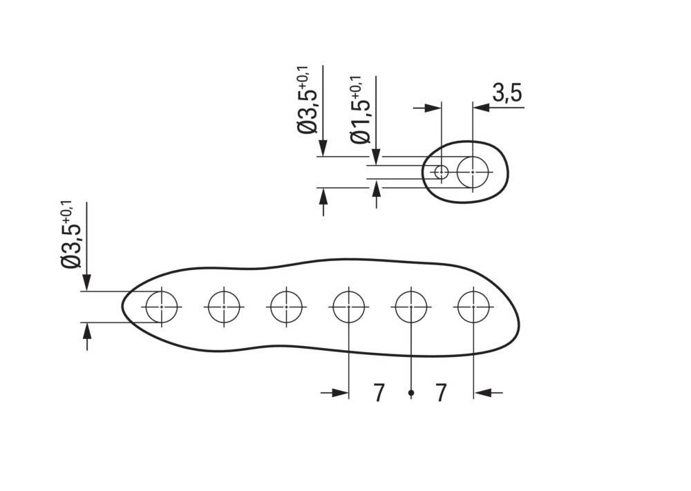 Technische Zeichnung, die eine flache, längliche Form mit fünf gleichmäßig verteilten Löchern zeigt. Maße umfassen Durchmesser von 3,5 und 1,5 sowie einen Abstand von 7.