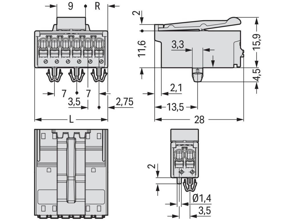 Eine technische Zeichnung eines elektrischen Anschlusses, die Vorder-, Seiten- und Draufsicht mit in Millimetern beschrifteten Abmessungen zeigt.