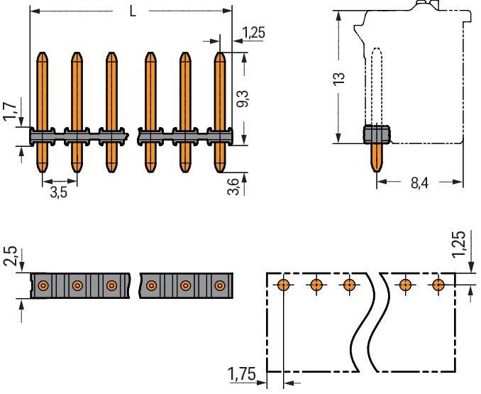 Technische Zeichnung eines Verbinders mit Maßen: Stiftlänge 9,3 mm, Breite 3,6 mm, Abstand 3,5 mm, Höhe 8,4 mm, Länge 1,25 mm.