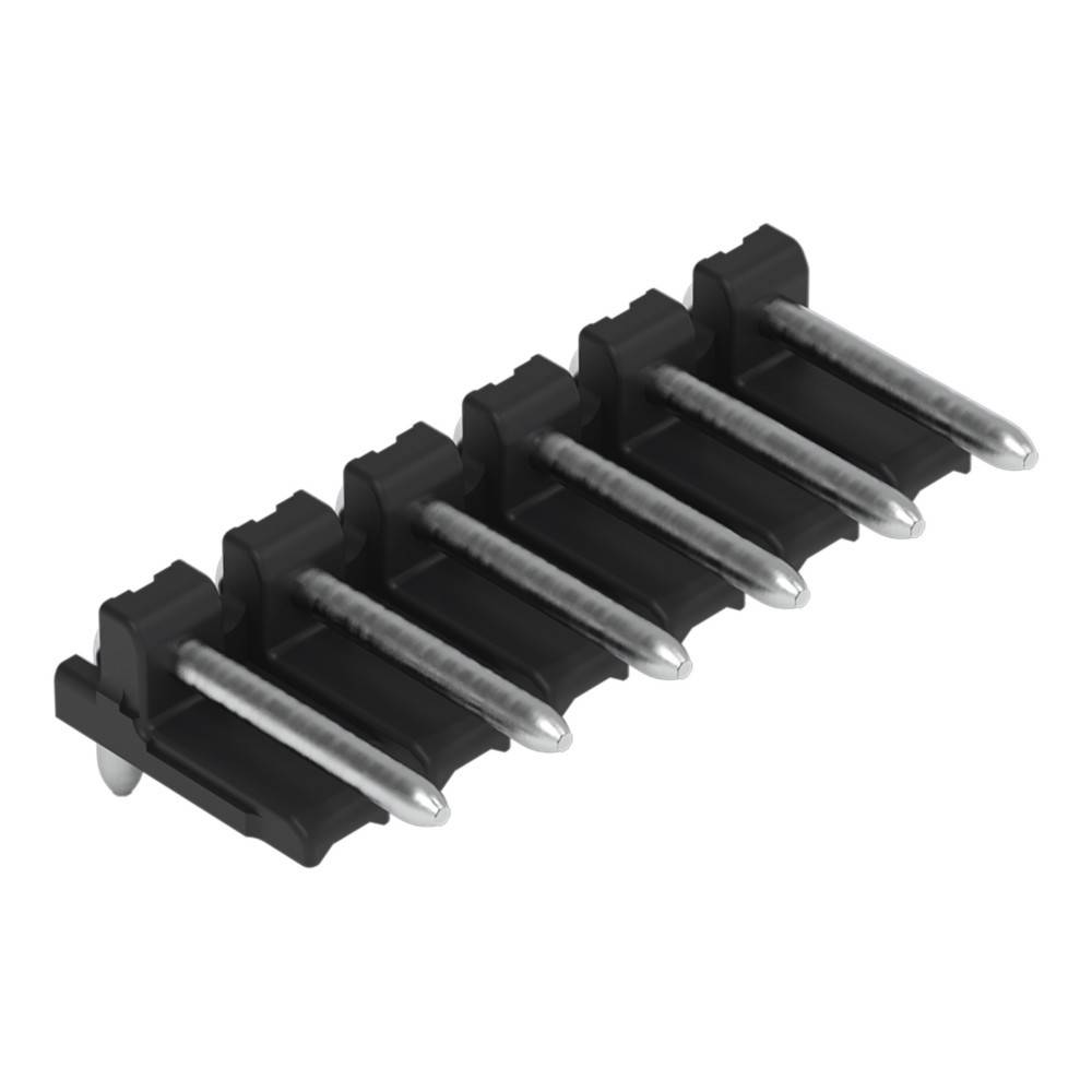 Ein schwarzer Steckverbinder mit sechs Pins, der in der Elektronik üblicherweise zum Verbinden von Komponenten auf Leiterplatten verwendet wird.