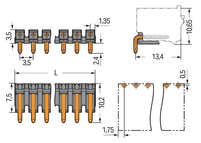 Technische Zeichnung mit Komponentenabmessungen: Länge 13,4 mm, Breite 1,75 mm, Höhe 2,4 mm. Ansichten umfassen Seiten- und Frontdetails.