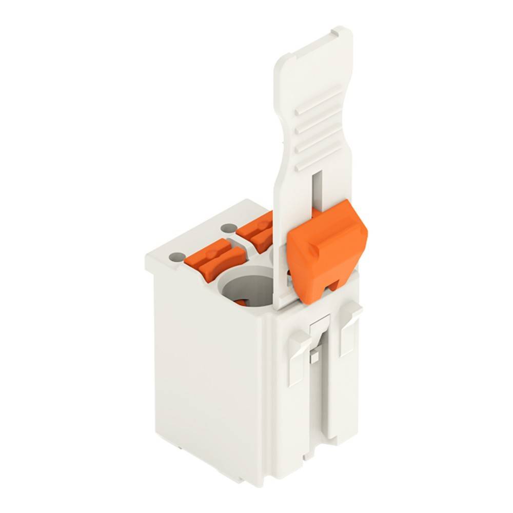 Ein weißer und orangefarbener elektrischer Steckverbinder mit einem Hebel in offener Position, der zum Sichern und Verbinden von elektrischen Leitungen verwendet wird.
